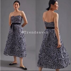 ANTHROPOLOGIE Floral Appliqued Tulle Midi Dress Strapless Petite Size 12P NWT